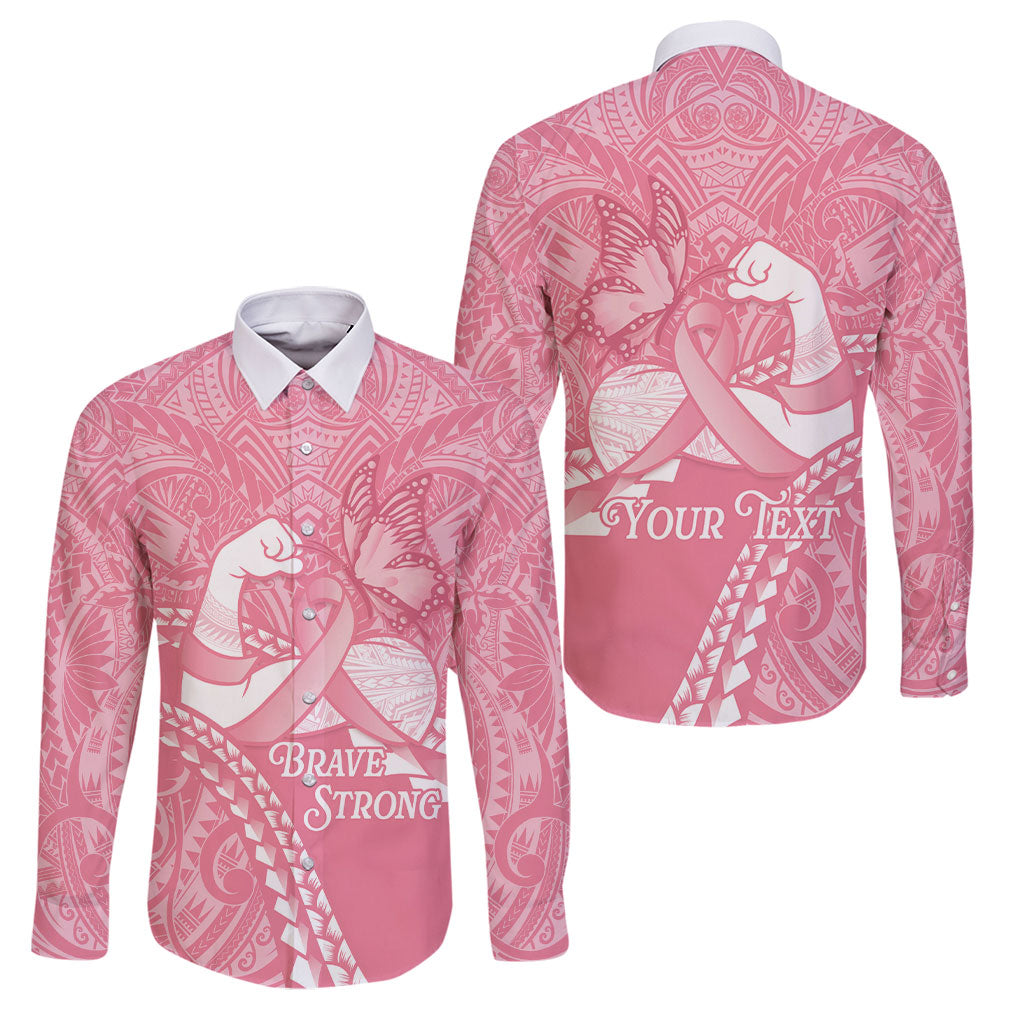 Personalised Polynesia Breast Cancer Awareness Family Matching Off The Shoulder Long Sleeve Dress and Hawaiian Shirt Brave Strong Butterfly Pink Ribbon