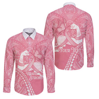 Personalised Polynesia Breast Cancer Awareness Family Matching Off The Shoulder Long Sleeve Dress and Hawaiian Shirt Brave Strong Butterfly Pink Ribbon