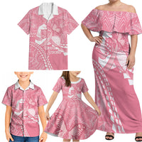 Personalised Polynesia Breast Cancer Awareness Family Matching Off Shoulder Maxi Dress and Hawaiian Shirt Brave Strong Butterfly Pink Ribbon LT14 - Polynesian Pride