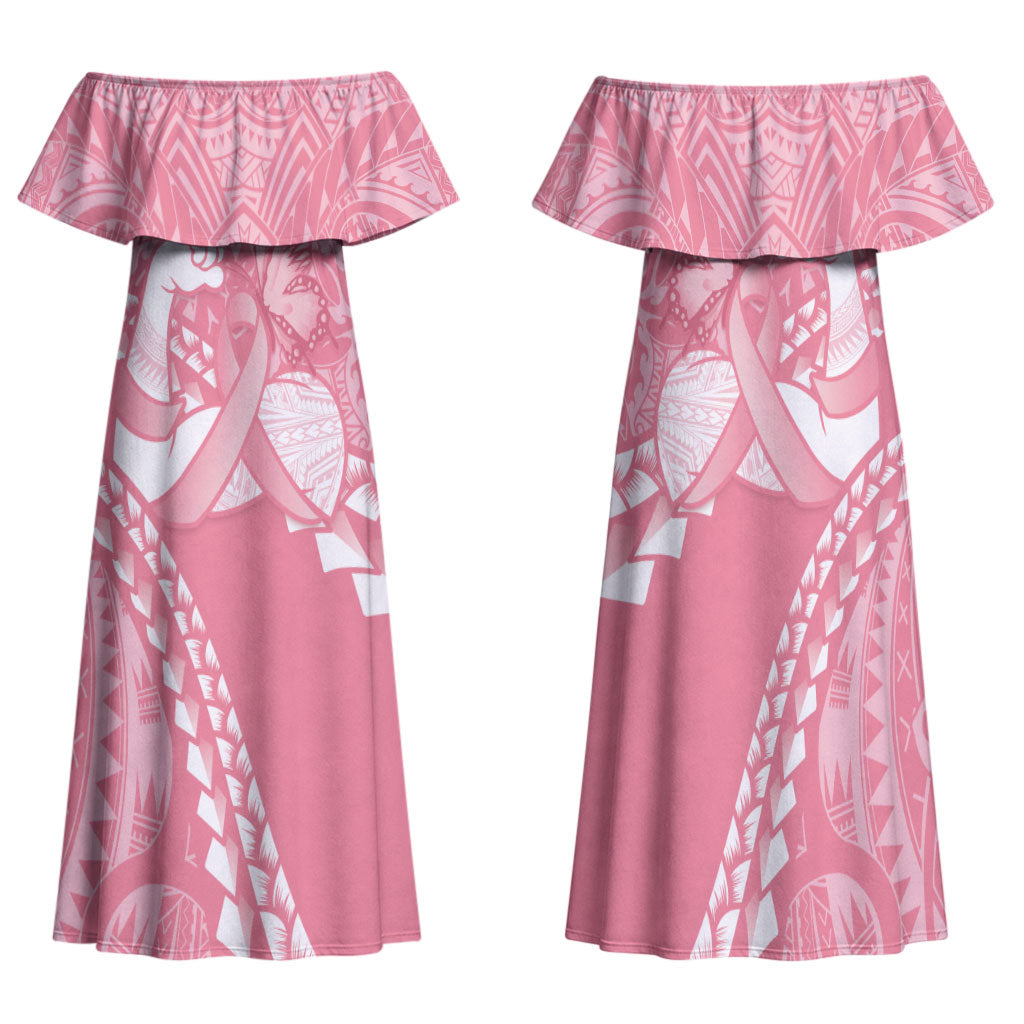 Personalised Polynesia Breast Cancer Awareness Family Matching Off Shoulder Maxi Dress and Hawaiian Shirt Brave Strong Butterfly Pink Ribbon LT14 Mom's Dress Pink - Polynesian Pride