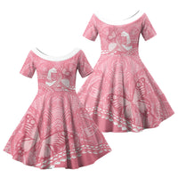 Personalised Polynesia Breast Cancer Awareness Family Matching Off Shoulder Maxi Dress and Hawaiian Shirt Brave Strong Butterfly Pink Ribbon LT14 Daughter's Dress Pink - Polynesian Pride