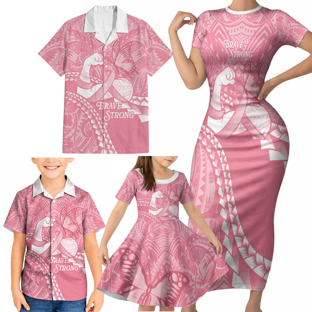 Personalised Polynesia Breast Cancer Awareness Family Matching Short Sleeve Bodycon Dress and Hawaiian Shirt Brave Strong Butterfly Pink Ribbon LT14 - Polynesian Pride
