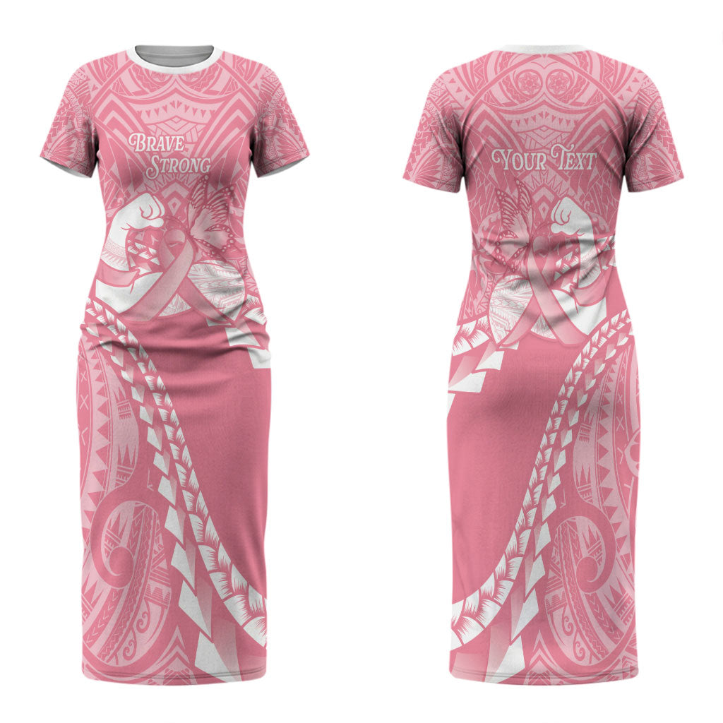 Personalised Polynesia Breast Cancer Awareness Family Matching Short Sleeve Bodycon Dress and Hawaiian Shirt Brave Strong Butterfly Pink Ribbon LT14 Mom's Dress Pink - Polynesian Pride