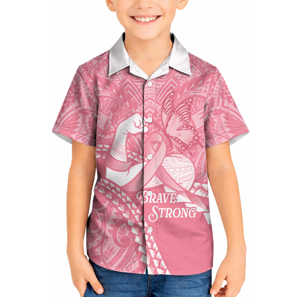 Personalised Polynesia Breast Cancer Awareness Kid Hawaiian Shirt Brave Strong Butterfly Pink Ribbon LT14 Kid Pink - Polynesian Pride