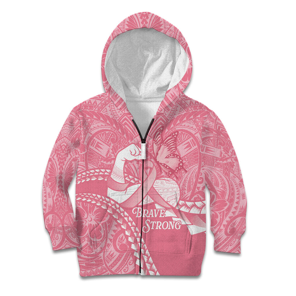 Personalised Polynesia Breast Cancer Awareness Kid Hoodie Brave Strong Butterfly Pink Ribbon LT14 Zip Hoodie Pink - Polynesian Pride