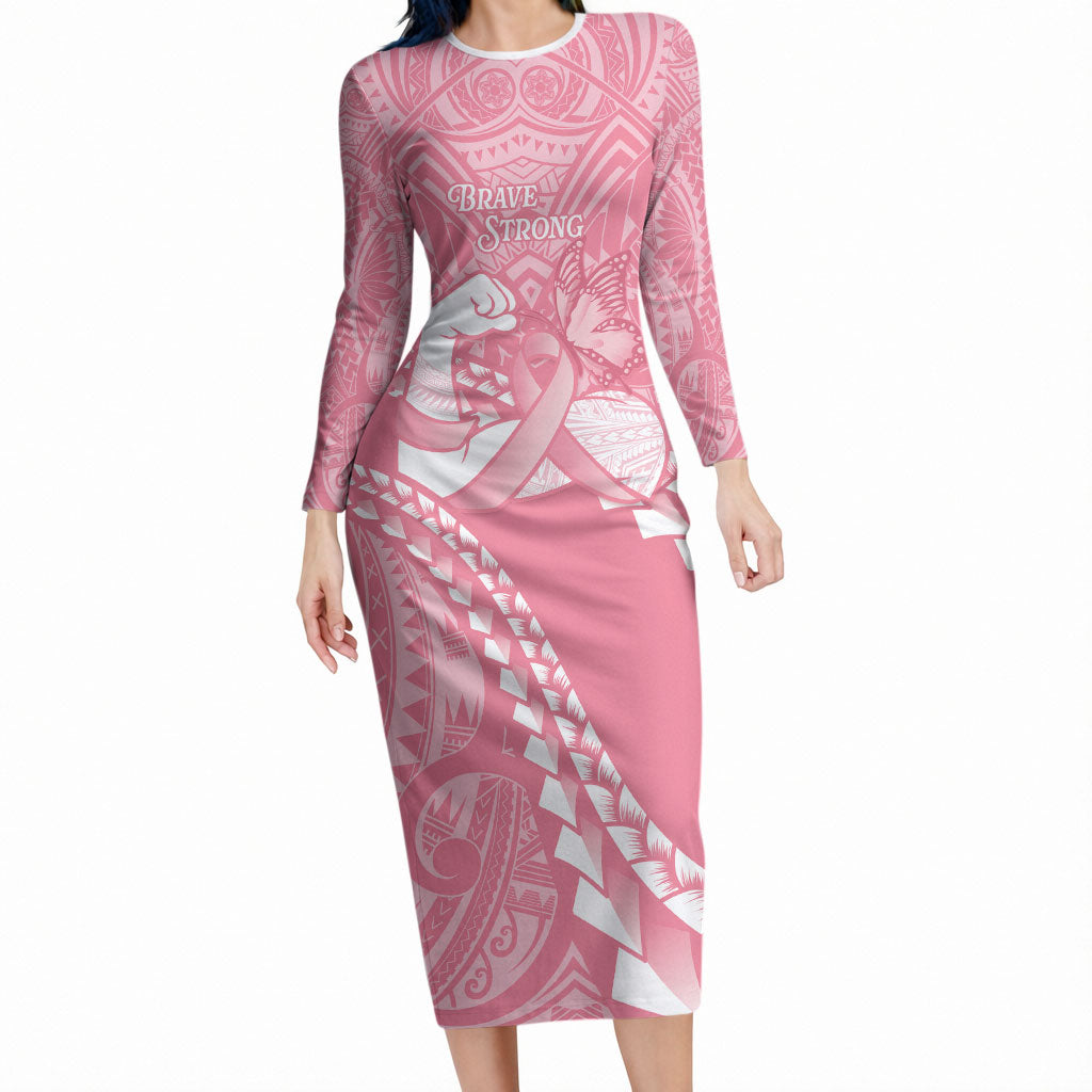 Personalised Polynesia Breast Cancer Awareness Long Sleeve Bodycon Dress Brave Strong Butterfly Pink Ribbon LT14 Long Dress Pink - Polynesian Pride