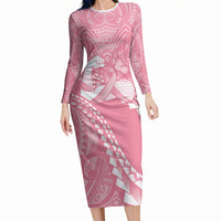 Personalised Polynesia Breast Cancer Awareness Long Sleeve Bodycon Dress Brave Strong Butterfly Pink Ribbon LT14 Long Dress Pink - Polynesian Pride