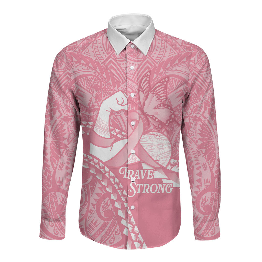 Personalised Polynesia Breast Cancer Awareness Long Sleeve Button Shirt Brave Strong Butterfly Pink Ribbon LT14 Unisex Pink - Polynesian Pride