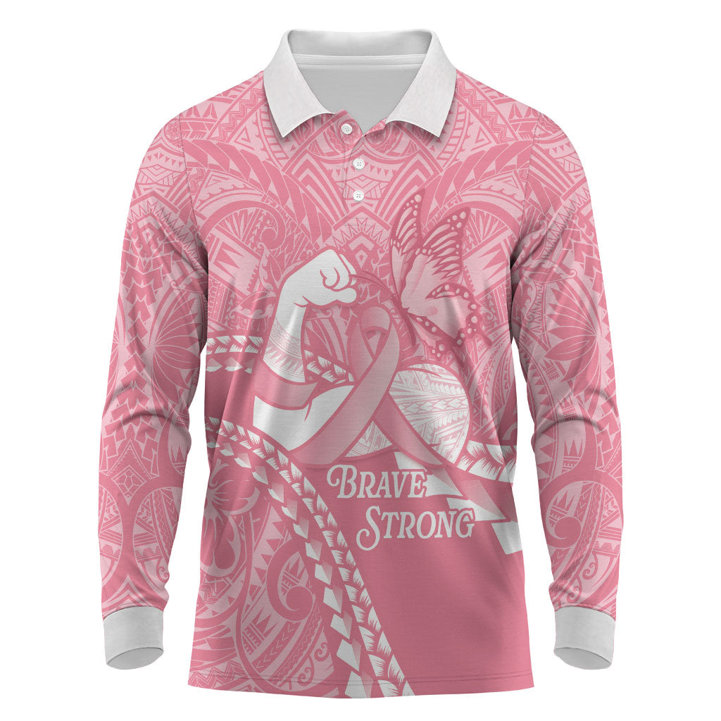 Personalised Polynesia Breast Cancer Awareness Long Sleeve Polo Shirt Brave Strong Butterfly Pink Ribbon LT14 Pink - Polynesian Pride