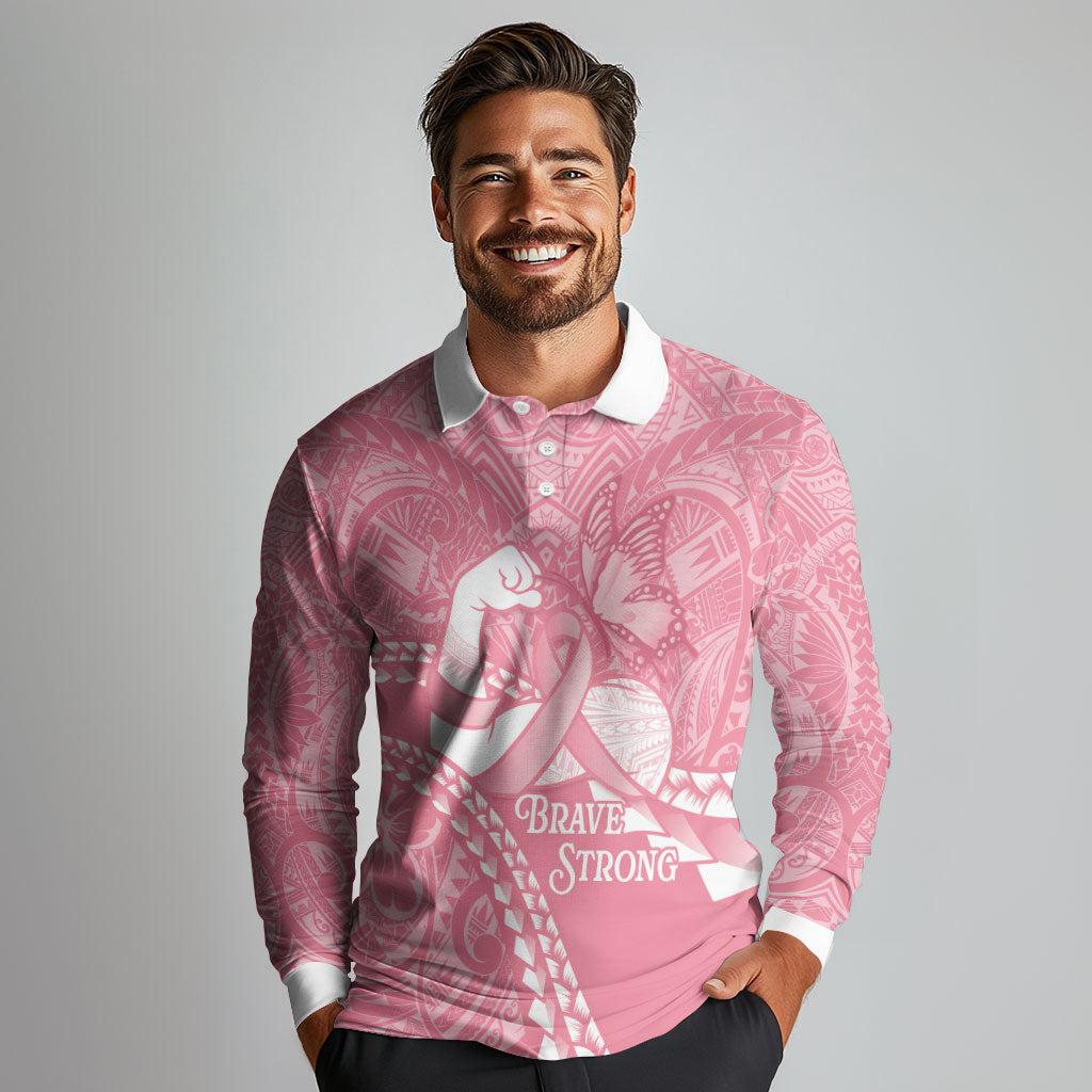 Personalised Polynesia Breast Cancer Awareness Long Sleeve Polo Shirt Brave Strong Butterfly Pink Ribbon LT14 - Polynesian Pride