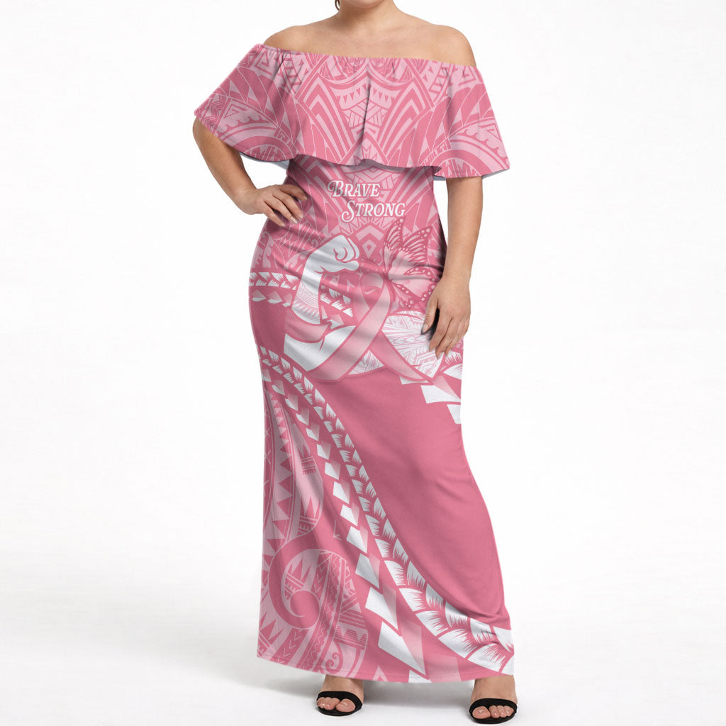 Personalised Polynesia Breast Cancer Awareness Off Shoulder Maxi Dress Brave Strong Butterfly Pink Ribbon LT14 Women Pink - Polynesian Pride