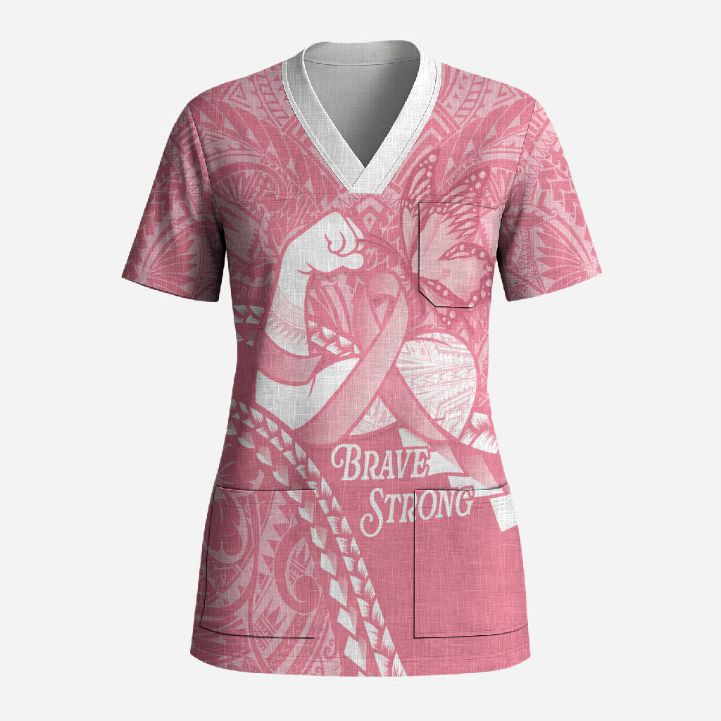 Personalised Polynesia Breast Cancer Awareness Scrub Top Brave Strong Butterfly Pink Ribbon