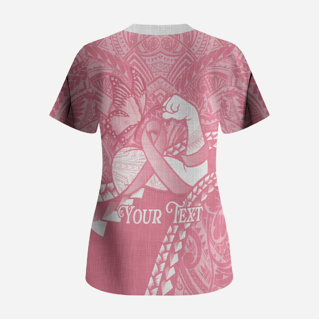Personalised Polynesia Breast Cancer Awareness Scrub Top Brave Strong Butterfly Pink Ribbon