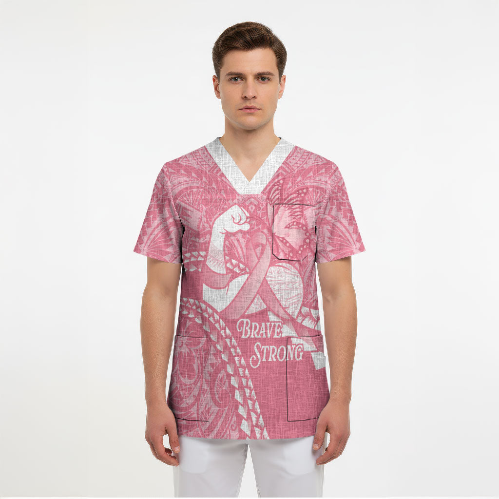 Personalised Polynesia Breast Cancer Awareness Scrub Top Brave Strong Butterfly Pink Ribbon
