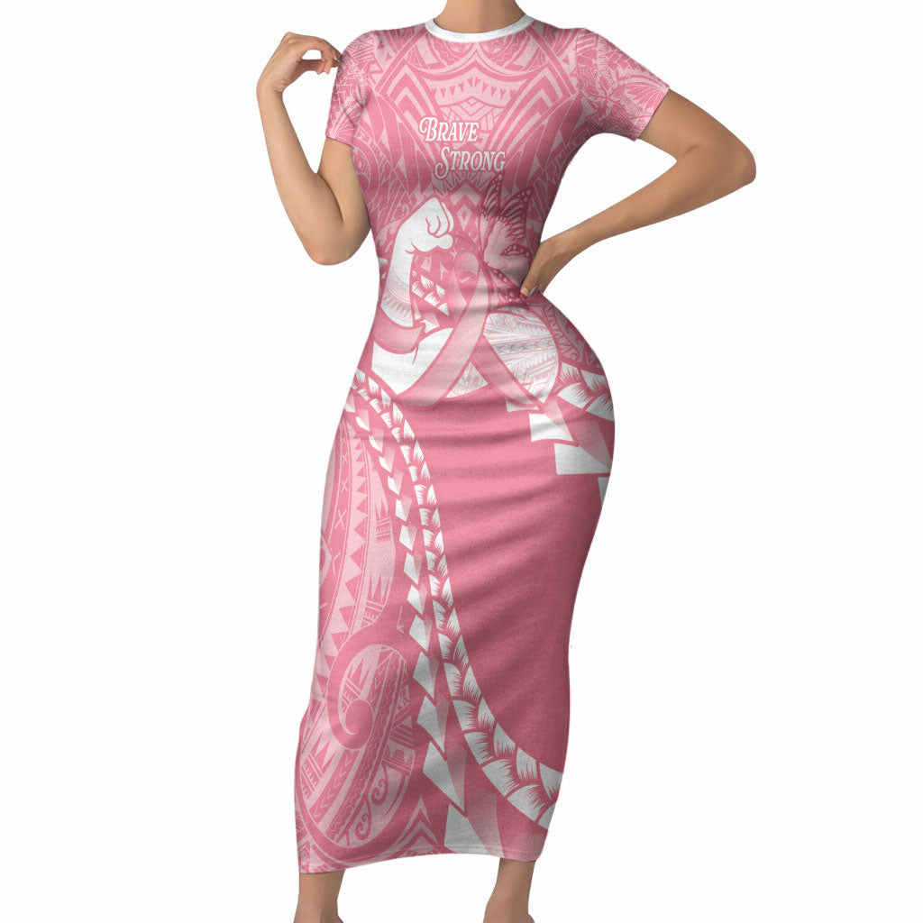 Personalised Polynesia Breast Cancer Awareness Short Sleeve Bodycon Dress Brave Strong Butterfly Pink Ribbon LT14 Long Dress Pink - Polynesian Pride