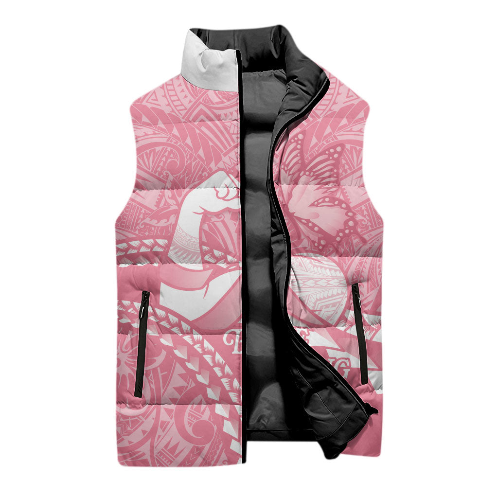 Personalised Polynesia Breast Cancer Awareness Sleeveless Puffer Jacket Brave Strong Butterfly Pink Ribbon