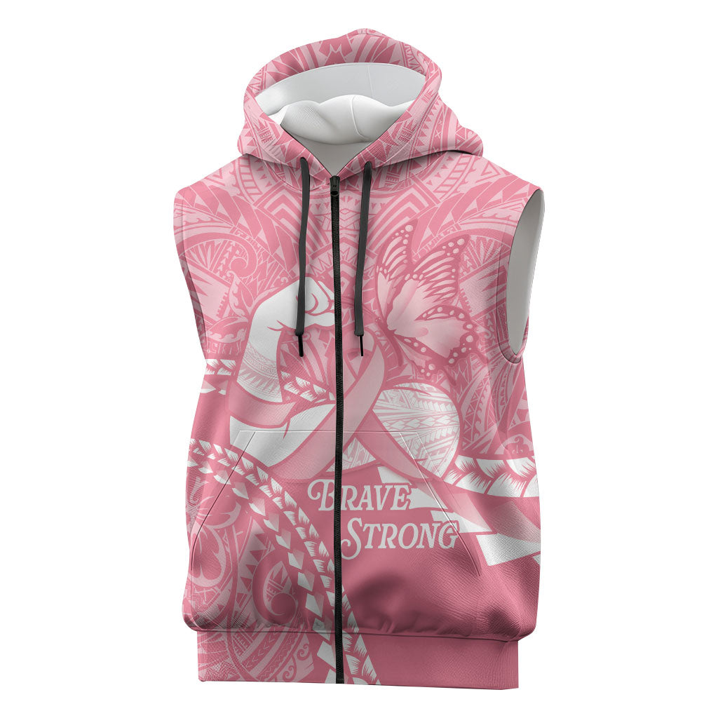 Personalised Polynesia Breast Cancer Awareness Sleeveless Zip Hoodie Brave Strong Butterfly Pink Ribbon
