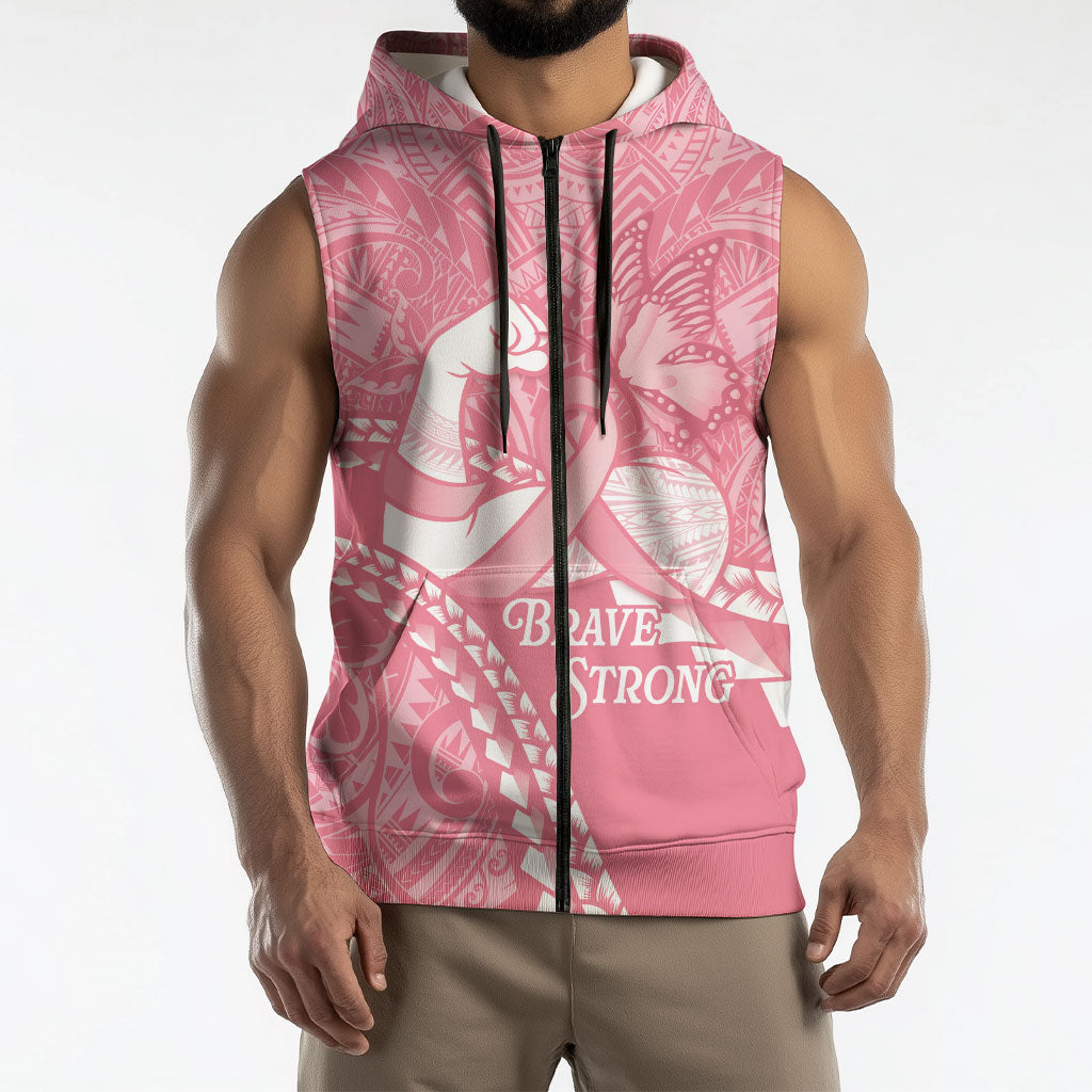 Personalised Polynesia Breast Cancer Awareness Sleeveless Zip Hoodie Brave Strong Butterfly Pink Ribbon