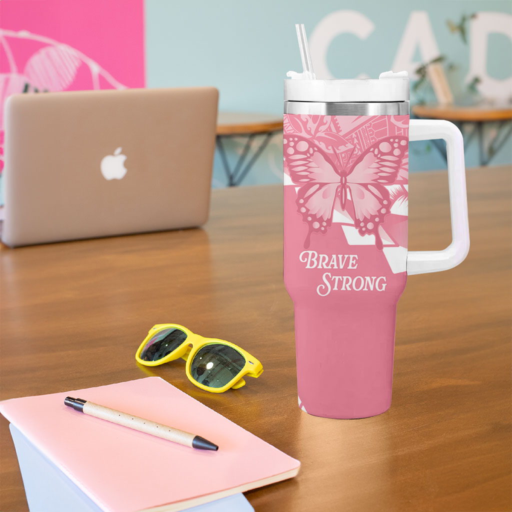 Personalised Polynesia Breast Cancer Awareness Tumbler With Handle Brave Strong Butterfly Pink Ribbon LT14 - Polynesian Pride