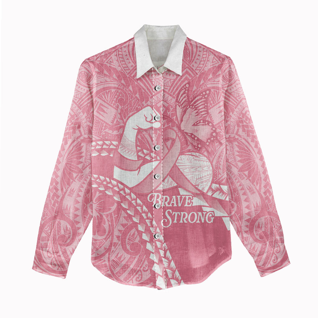Personalised Polynesia Breast Cancer Awareness Women Casual Shirt Brave Strong Butterfly Pink Ribbon LT14 - Polynesian Pride
