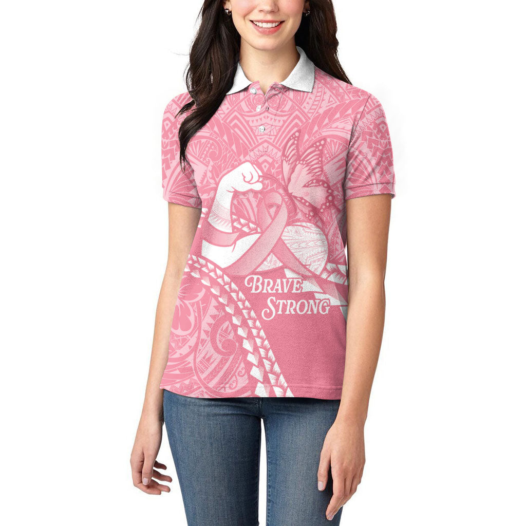 Personalised Polynesia Breast Cancer Awareness Women Polo Shirt Brave Strong Butterfly Pink Ribbon LT14 - Polynesian Pride