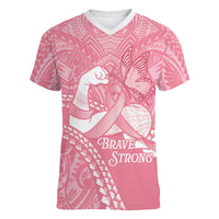 Personalised Polynesia Breast Cancer Awareness Women V-Neck T-Shirt Brave Strong Butterfly Pink Ribbon LT14 Female Pink - Polynesian Pride