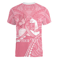 Personalised Polynesia Breast Cancer Awareness Women V-Neck T-Shirt Brave Strong Butterfly Pink Ribbon LT14 - Polynesian Pride