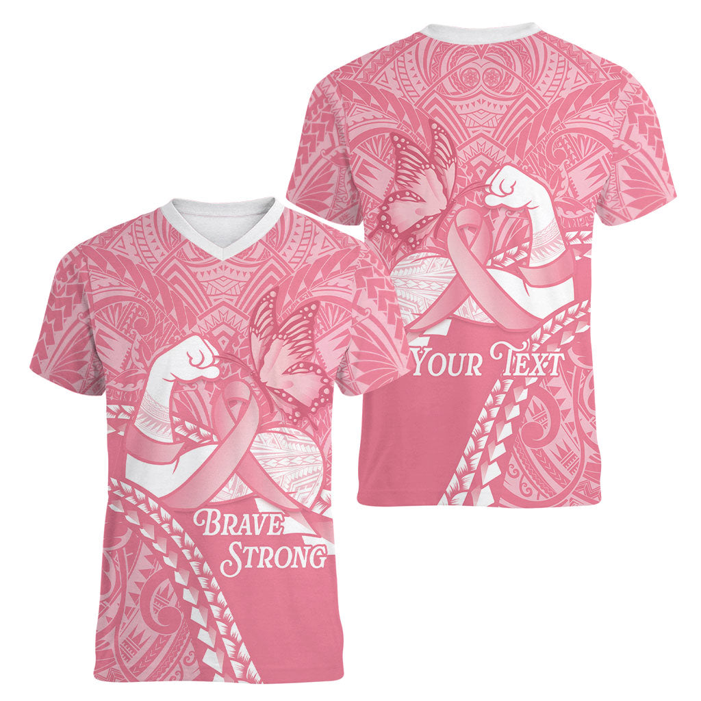 Personalised Polynesia Breast Cancer Awareness Women V-Neck T-Shirt Brave Strong Butterfly Pink Ribbon LT14 - Polynesian Pride