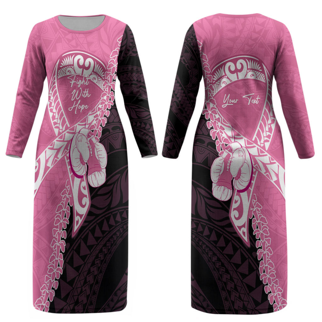 Personalised Polynesia Breast Cancer Awareness Couples Matching Long Sleeve Bodycon Dress and Long Sleeve Button Shirt Fight With Hope Pink Ribbon Boxing Gloves