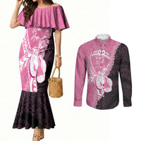 Personalised Polynesia Breast Cancer Awareness Couples Matching Mermaid Dress and Long Sleeve Button Shirt Fight With Hope Pink Ribbon Boxing Gloves
