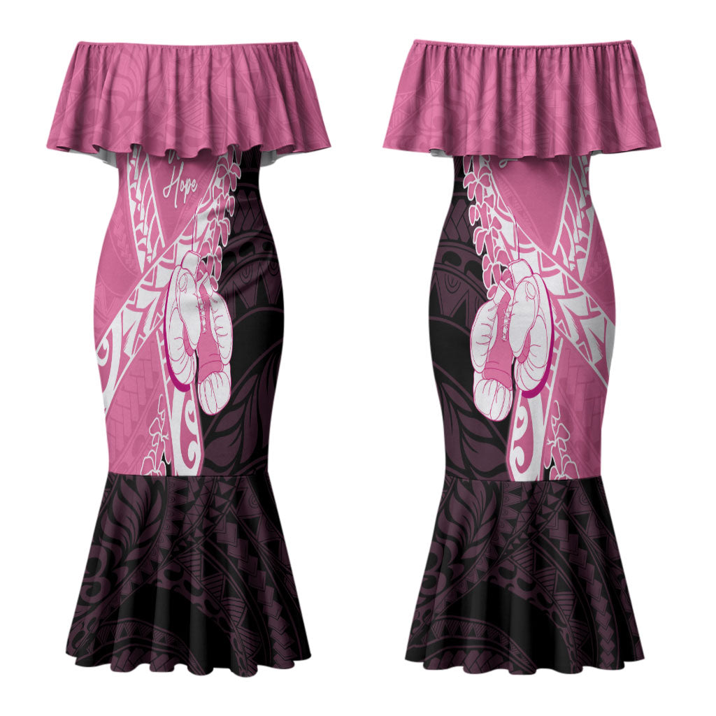 Personalised Polynesia Breast Cancer Awareness Couples Matching Mermaid Dress and Long Sleeve Button Shirt Fight With Hope Pink Ribbon Boxing Gloves