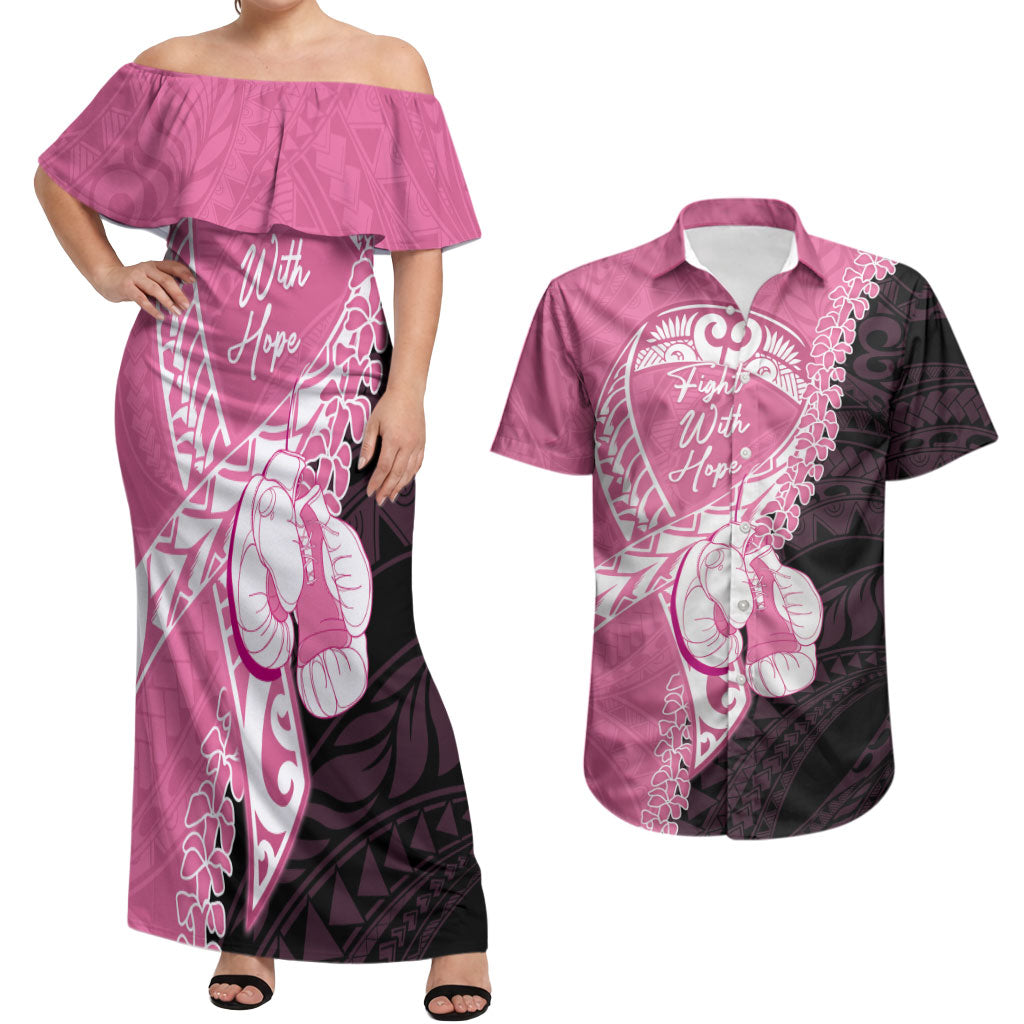 Personalised Polynesia Breast Cancer Awareness Couples Matching Off Shoulder Maxi Dress and Hawaiian Shirt Fight With Hope Pink Ribbon Boxing Gloves