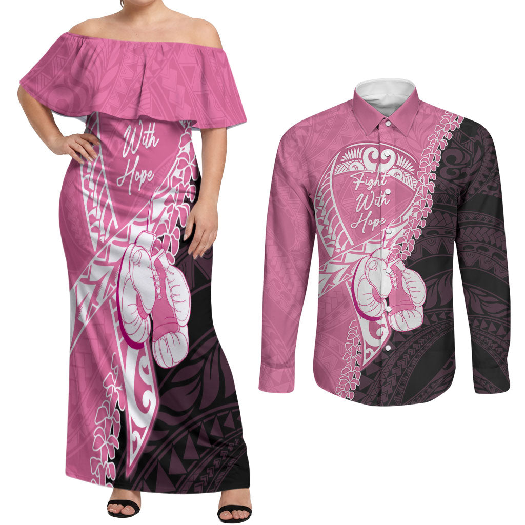 Personalised Polynesia Breast Cancer Awareness Couples Matching Off Shoulder Maxi Dress and Long Sleeve Button Shirt Fight With Hope Pink Ribbon Boxing Gloves