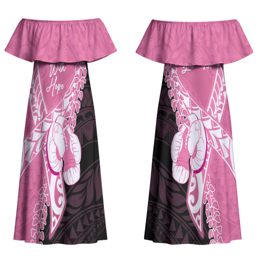 Personalised Polynesia Breast Cancer Awareness Couples Matching Off Shoulder Maxi Dress and Long Sleeve Button Shirt Fight With Hope Pink Ribbon Boxing Gloves