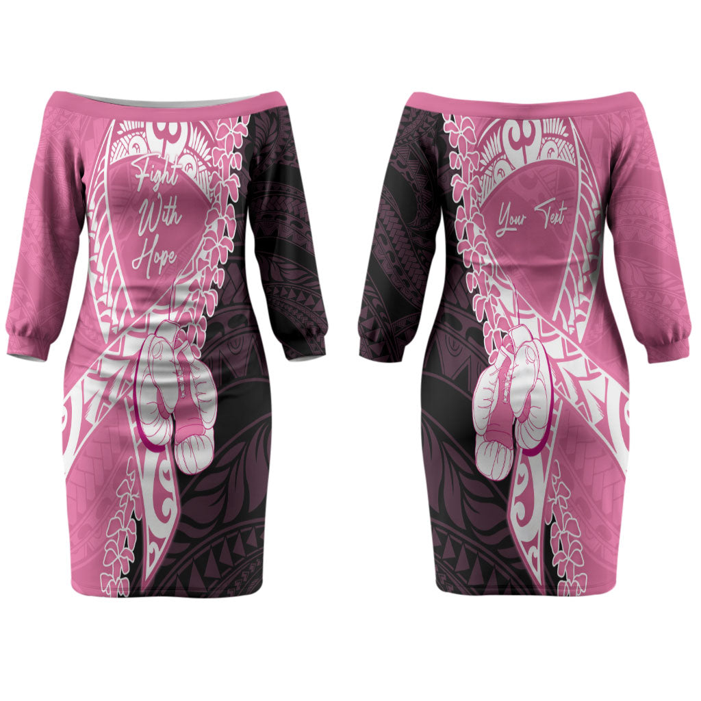Personalised Polynesia Breast Cancer Awareness Couples Matching Off The Shoulder Long Sleeve Dress and Long Sleeve Button Shirt Fight With Hope Pink Ribbon Boxing Gloves