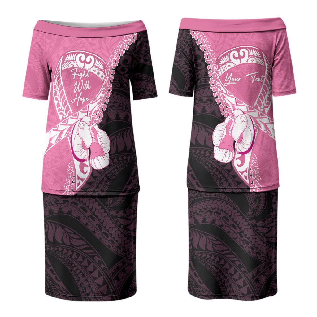 Personalised Polynesia Breast Cancer Awareness Couples Matching Puletasi and Long Sleeve Button Shirt Fight With Hope Pink Ribbon Boxing Gloves