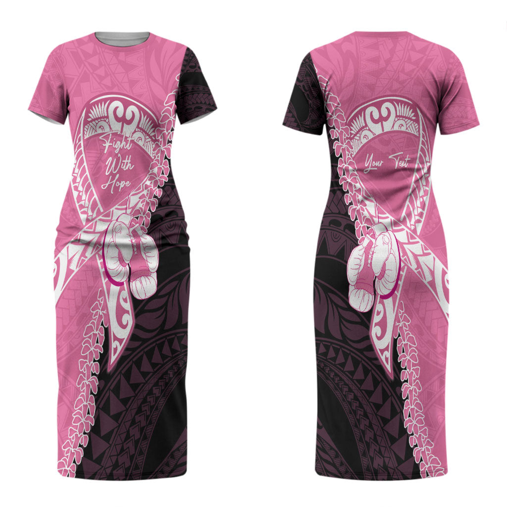 Personalised Polynesia Breast Cancer Awareness Couples Matching Short Sleeve Bodycon Dress and Hawaiian Shirt Fight With Hope Pink Ribbon Boxing Gloves
