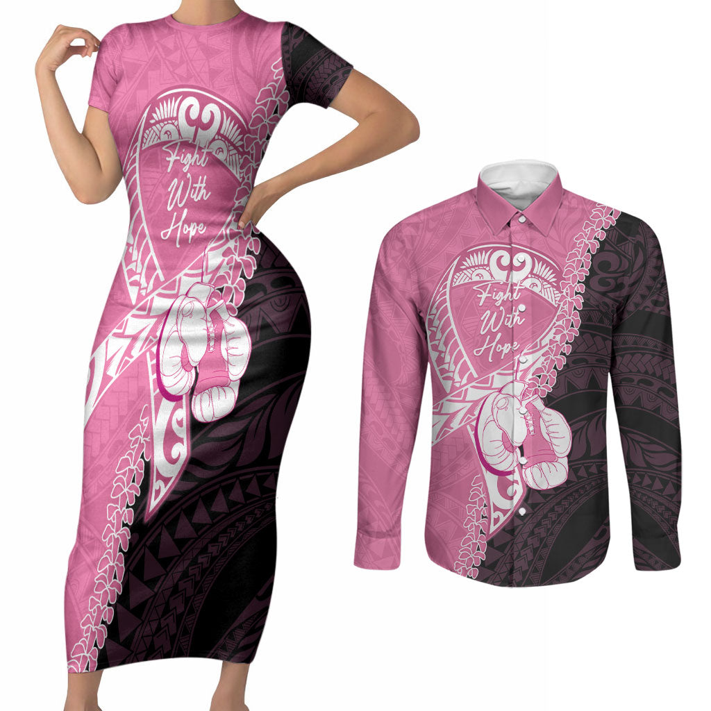 Personalised Polynesia Breast Cancer Awareness Couples Matching Short Sleeve Bodycon Dress and Long Sleeve Button Shirt Fight With Hope Pink Ribbon Boxing Gloves