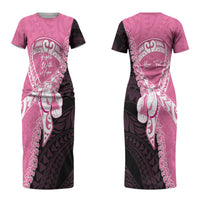 Personalised Polynesia Breast Cancer Awareness Couples Matching Short Sleeve Bodycon Dress and Long Sleeve Button Shirt Fight With Hope Pink Ribbon Boxing Gloves