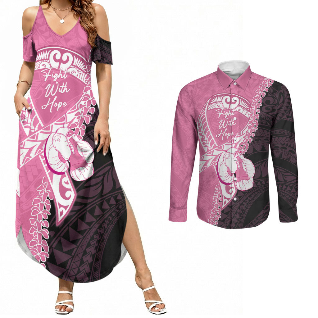 Personalised Polynesia Breast Cancer Awareness Couples Matching Summer Maxi Dress and Long Sleeve Button Shirt Fight With Hope Pink Ribbon Boxing Gloves
