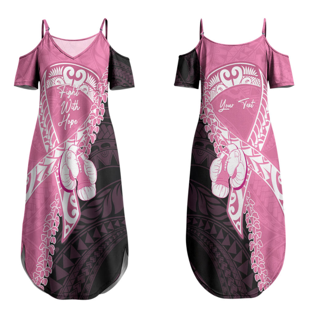 Personalised Polynesia Breast Cancer Awareness Couples Matching Summer Maxi Dress and Long Sleeve Button Shirt Fight With Hope Pink Ribbon Boxing Gloves