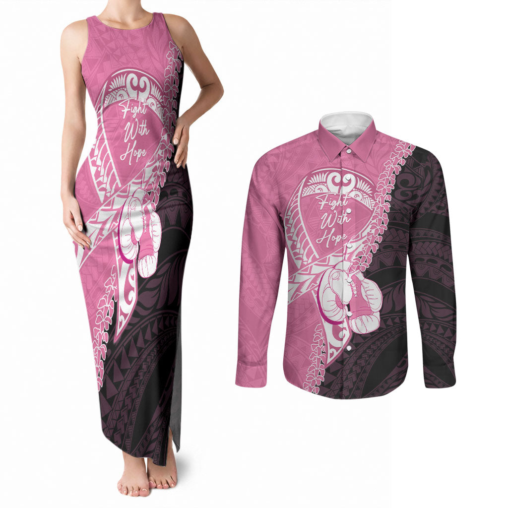 Personalised Polynesia Breast Cancer Awareness Couples Matching Tank Maxi Dress and Long Sleeve Button Shirt Fight With Hope Pink Ribbon Boxing Gloves
