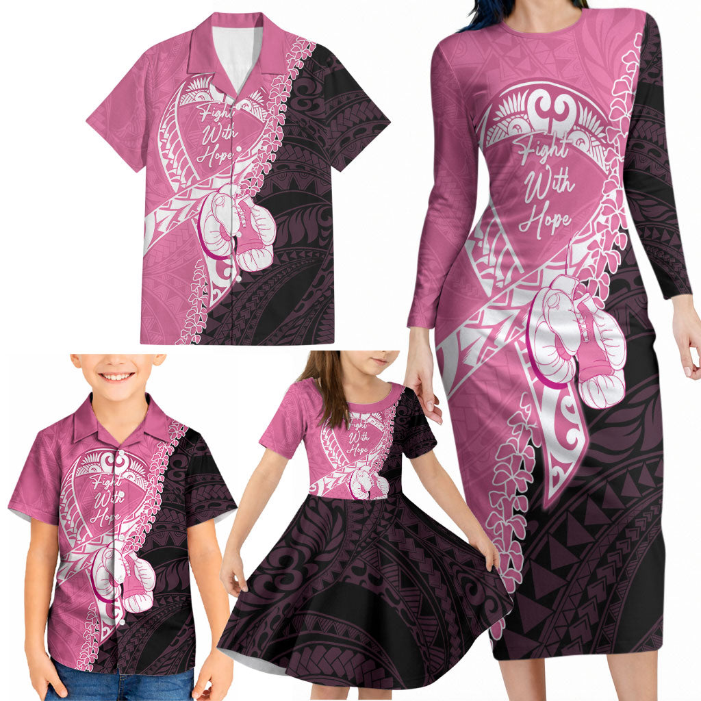 Personalised Polynesia Breast Cancer Awareness Family Matching Long Sleeve Bodycon Dress and Hawaiian Shirt Fight With Hope Pink Ribbon Boxing Gloves