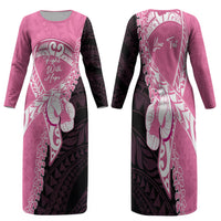 Personalised Polynesia Breast Cancer Awareness Family Matching Long Sleeve Bodycon Dress and Hawaiian Shirt Fight With Hope Pink Ribbon Boxing Gloves