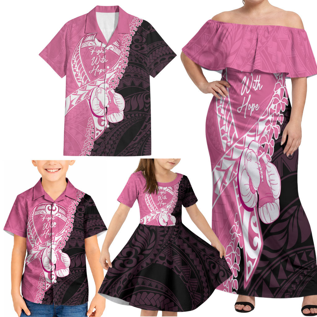 Personalised Polynesia Breast Cancer Awareness Family Matching Off Shoulder Maxi Dress and Hawaiian Shirt Fight With Hope Pink Ribbon Boxing Gloves