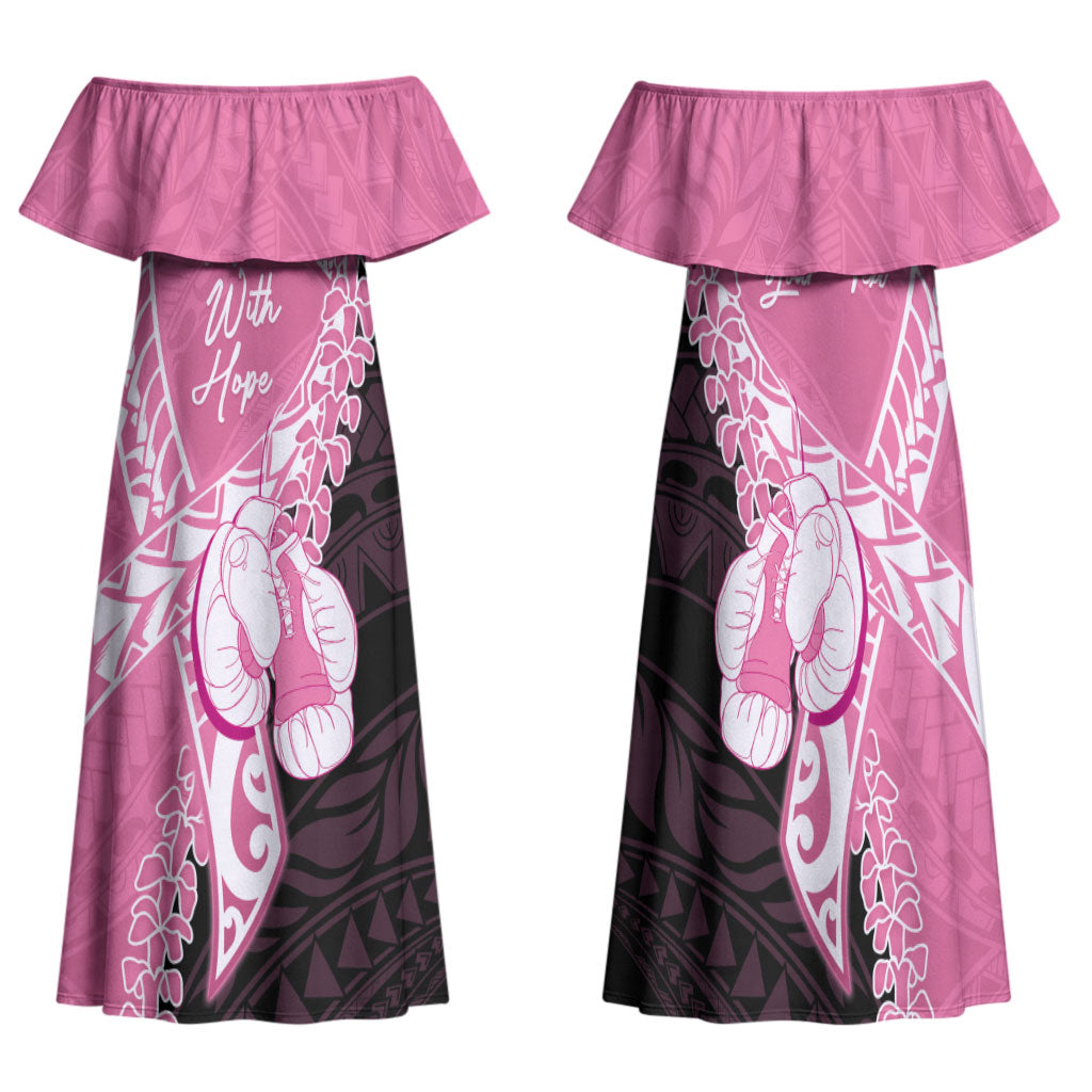 Personalised Polynesia Breast Cancer Awareness Family Matching Off Shoulder Maxi Dress and Hawaiian Shirt Fight With Hope Pink Ribbon Boxing Gloves