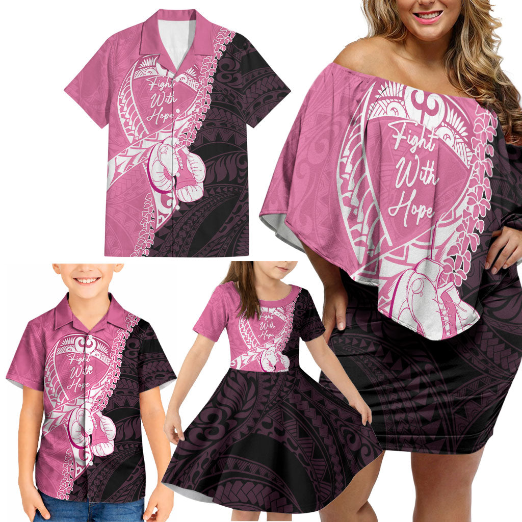 Personalised Polynesia Breast Cancer Awareness Family Matching Off Shoulder Short Dress and Hawaiian Shirt Fight With Hope Pink Ribbon Boxing Gloves