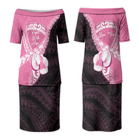 Personalised Polynesia Breast Cancer Awareness Family Matching Puletasi and Hawaiian Shirt Fight With Hope Pink Ribbon Boxing Gloves