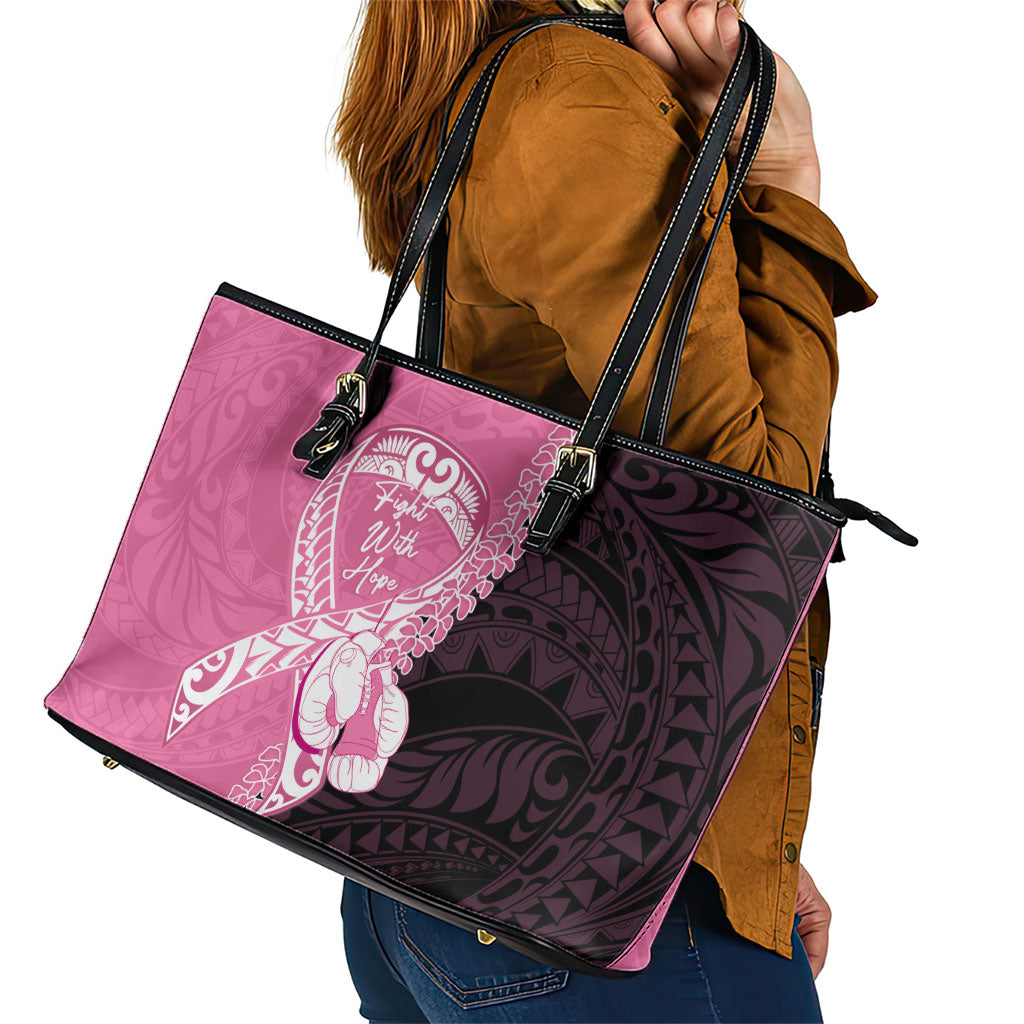 Polynesia Breast Cancer Awareness Leather Tote Bag Fight With Hope Pink Ribbon Boxing Gloves