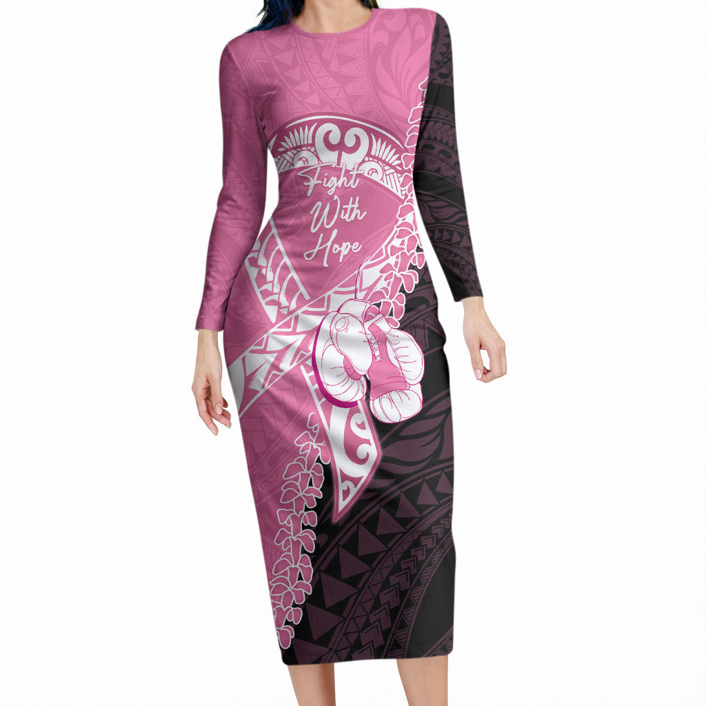 Personalised Polynesia Breast Cancer Awareness Long Sleeve Bodycon Dress Fight With Hope Pink Ribbon Boxing Gloves